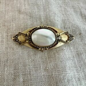Vintage Gold-Tone Filagree Womens Brooch with Mother-of-Pearl Centerpiece